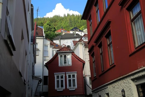 Historic Hanseatic League wooden buildings Bryggen area, Bergen, Norway UNESCO World Cultural