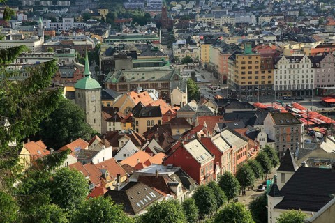View over rooftops of city centre buildings in Bergen, Norway, Europe