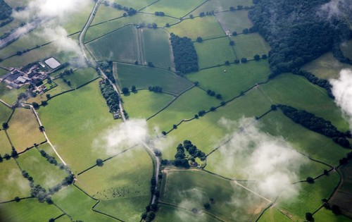 A patchwork of fields seen from the air near Gatwick airport, London, England, UK