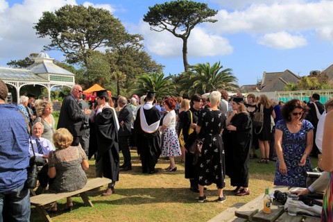 Garden party at graduation ceremony, University of Falmouth, Cornwall, England, UK