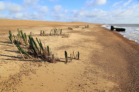 Eroded Second world war pillbox and older wooden posts exposed by beach depletion, Hollesley Bay,