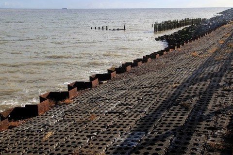 North Sea coastline coastal defences at East Lane, Bawdsey, Suffolk, England, UK