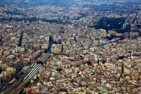 Aerial view of city centre of Valencia, Spain Estació del Nord railway station area