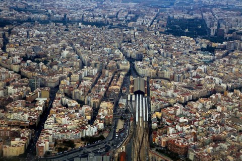 Aerial view of city centre of Valencia, Spain Estació del Nord railway station area