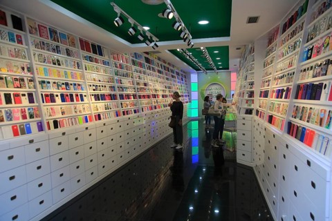 Interior of shop selling mobile phone cases, Valencia, Spain, Europe