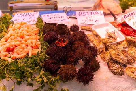 Food stall fishmonger selling fresh fish seafood, prawns, oysters, sea urchins, central market,