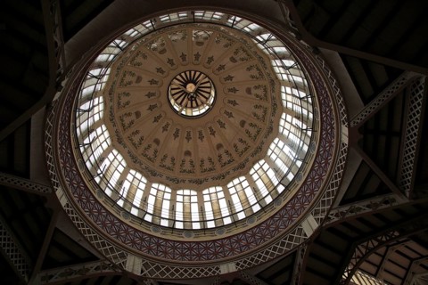Inside central market building, city of Valencia, Spain glass domed roof