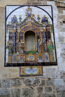 Historic religious ceramic tiles church wall, Iglesia de Santa Catalina Mártir, city of Valencia,