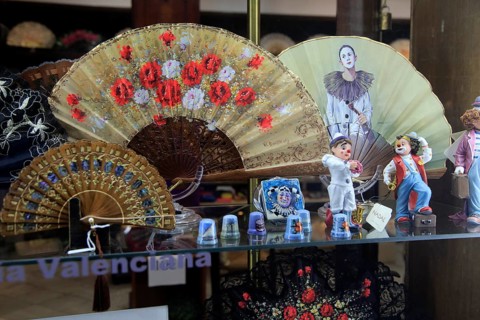 Traditional Spanish fans and ornaments in shop window, city of Valencia, Spain, Europe