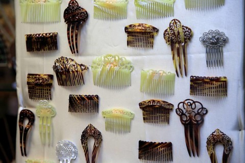 Traditional Spanish hair combs in shop window, city of Valencia, Spain, Europe