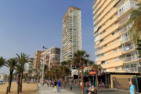 High rise apartment buildings and hotels seafront, Playa Levante beach, Benidorm, Alicante