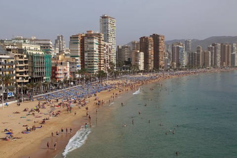 High rise apartment buildings and hotels seafront, Playa Levante sandy beach, Benidorm, Alicante