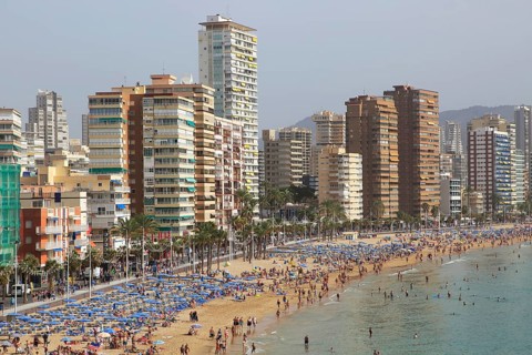 High rise apartment buildings and hotels seafront, Playa Levante sandy beach, Benidorm, Alicante