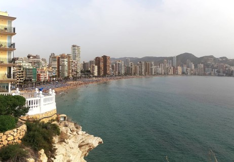 High rise apartment buildings and hotels seafront, Playa Levante sandy beach, Benidorm, Alicante