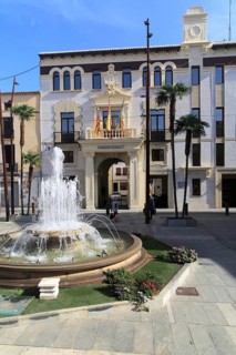 Fountain in plaza, Ayuntamiento town hall, Pego, Marina Alta, Alicante province, Spain, Europe