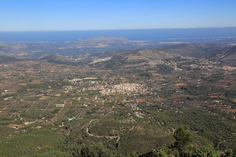 Raised view over Parcent village and Pop Valley, La Marina Alta, Alicante province, Spain, Europe