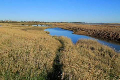 Pools of water behind shingle beach of River Ore, Orford Ness spit to the extreme right, near