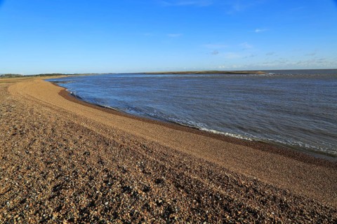 North Weir Point the southern tip of Orford Ness spit, River Ore, Shingle Street, Suffolk, England,