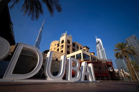 Hotel The Address Downtown, DUBAI lettering, Dubai Trolley by EMAAR, Burj Khalifa, skyscrapers,