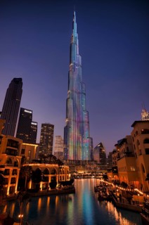 Burj Khalifa, Lake Burj Khalifa, Souk Al Bahar, shopping centre, illumination, Logo EMAAR,