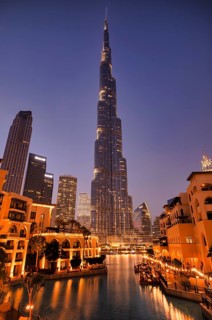 Burj Khalifa, Lake Burj Khalifa, Souk Al Bahar, shopping centre, Logo EMAAR, Downtown, evening