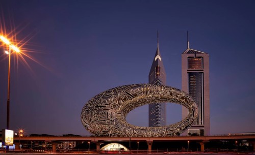 Night shot, entrance, Museum of the Future, behind Jumeirah Emirates Towers, skyscrapers,