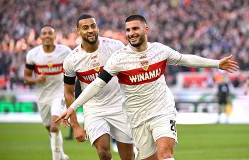 Deniz Undav VfB Stuttgart (26) (right) Josha Vagnoman VfB Stuttgart (04) (centre) Jamie Leweling