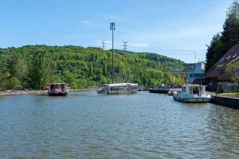 Boats in front of the boat lift on the Rhine-Marne Canal, Saint-Louis, Arzviller, Lorraine, France,