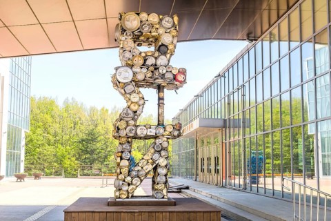 Sculpture spelling DMZ made of discarded pots and pans at DMZ Unification Observation Museum in