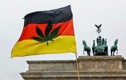 The German flag printed with the image of a cannabis plant flutters during a demonstration at the