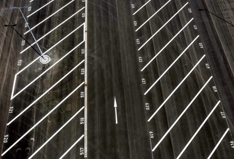 Aerial view of a lorry parking area with streamlined and numbered parking spaces, Grünheide, 23.04