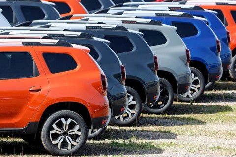 New Dacia cars parked in a car terminal at the port of Duisburg, 11.04.2022