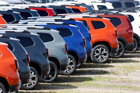 New Dacia cars parked in a car terminal at the port of Duisburg, 11.04.2022
