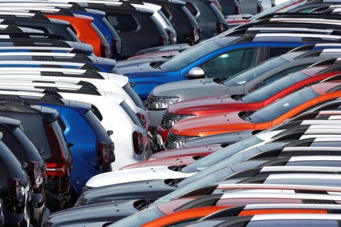 New Dacia cars parked in a car terminal at the port of Duisburg, 11.04.2022