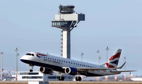 An Embraer190 aircraft from British Airways takes off at BER Airport, Schönefeld, 28 March 2022