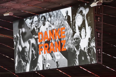 Pictures of Franz Beckenbauer with the inscription Danke Franz on the scoreboard, FC Bayern Munich