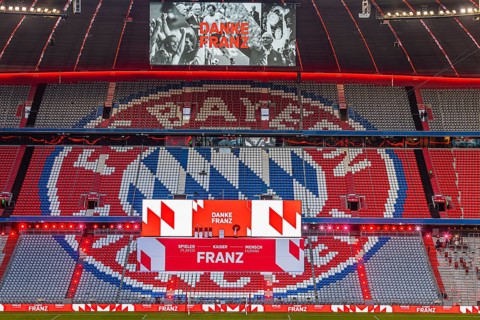 The speaker's stage at the end of the event, at the top of the scoreboard pictures of Franz