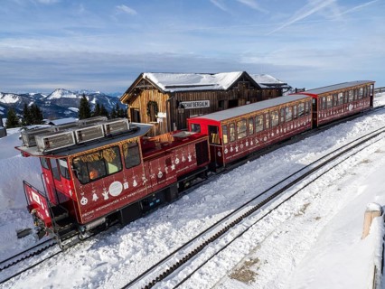 Schafberg cog railway decorated for Christmas on the Schafbergalm, St.Wolfgang, Salzkammergut,