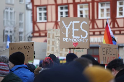 A Yes Democracy placard held high by a member of the crowd during a demonstration against the AFD