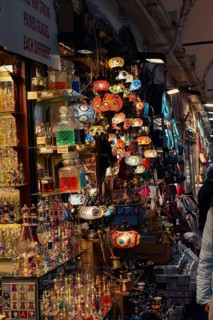 Mosaic lamps and oil lamps, Grand Bazaar, Istanbul, Turkey, Asia