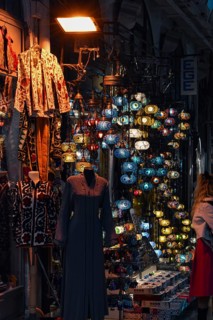 Mosaic lamps, Turkish clothing, Grand Bazaar, Istanbul, Turkey, Asia