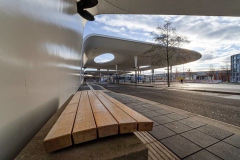 View under a modern bus station roof with wooden slats, Pforzheim, Germany, Europe