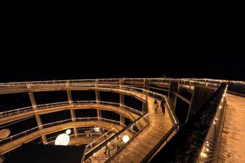 Night shot of an illuminated wooden bridge with people, enchanting forest dwellers, treetop walk