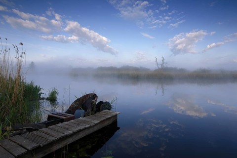Foggy mood in the morning on the river Trebel, jetty, Flusslandschaft Peenetal nature park Park,