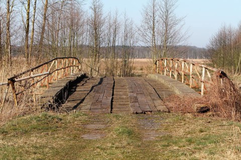 Dilapidated infrastructure on the River Trebel, old dilapidated bridge over the River Trebel,