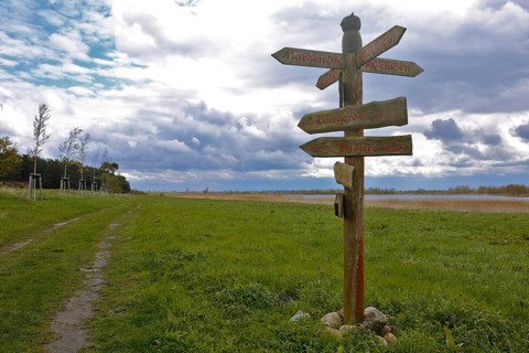 Tourist infrastructure, signpost with writing and runes in the style of the Vikings,
