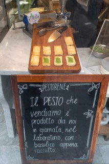 Information board on daily freshly made basil pesto, a speciality in Genoa, Italy, Europe