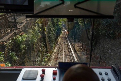 View of the funicular railway funicolare Zecca Righi on the descent to the city centre, Genoa,