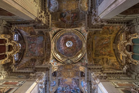 Interior with vault and dome of the baroque Basilica di San Siro, the oldest church in the city,
