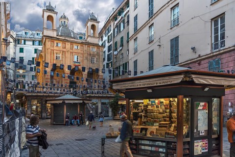 Square with the church of San Pietro ion Banchi, consecrated in 1585, Piazza Banchi Genoa, Italy,